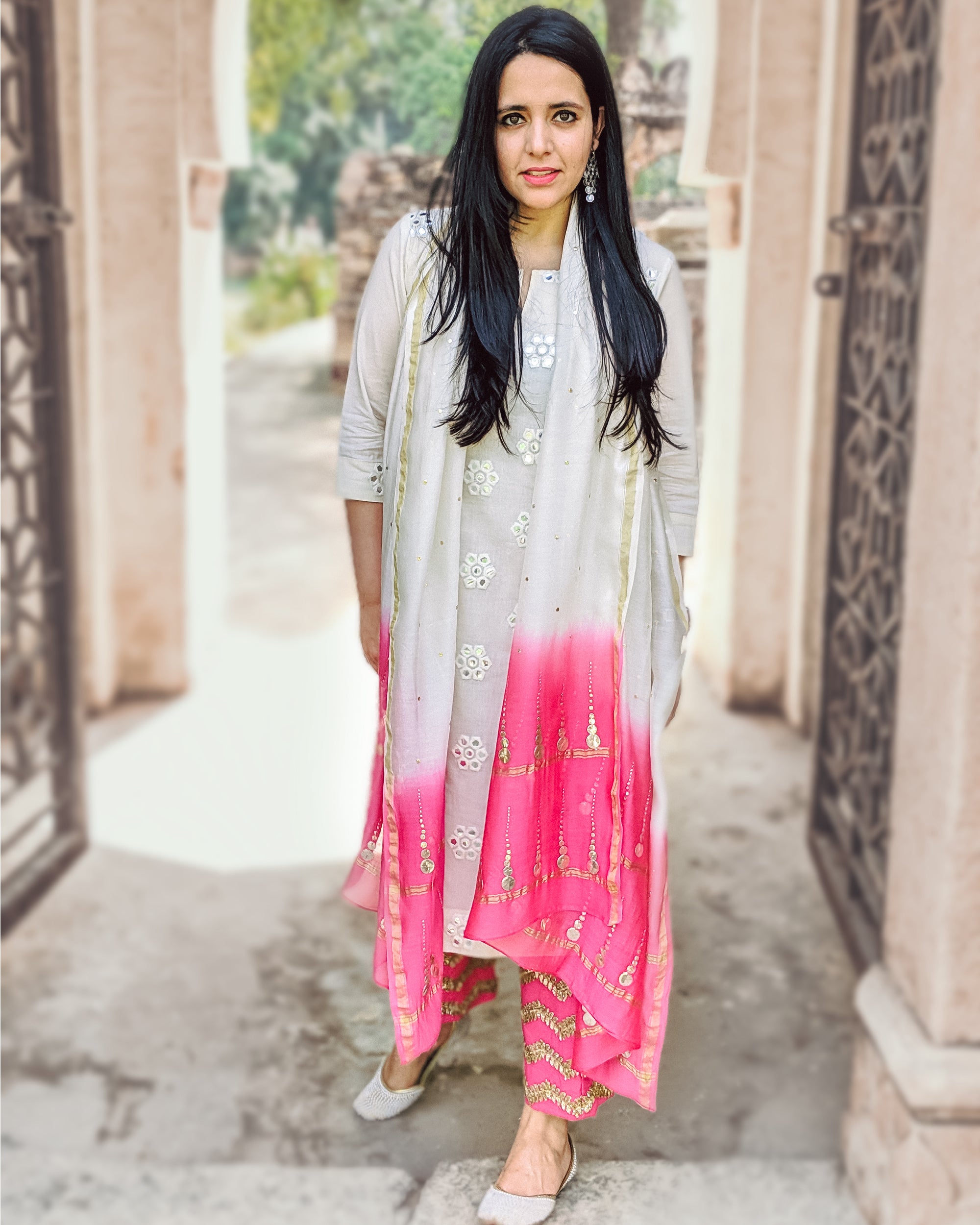 Cream cotton kurta and pants with mirror work mul dupatta- Set Of Three by  The Hemming Bird