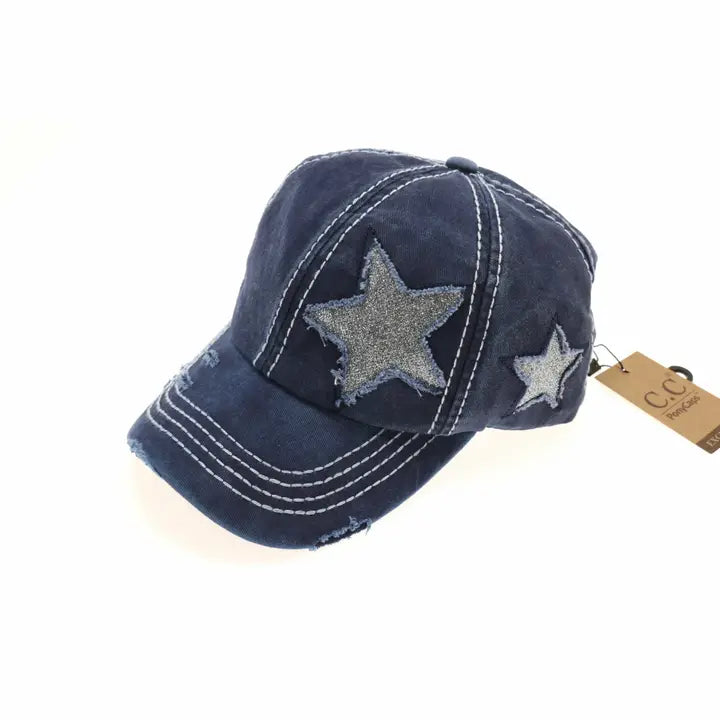 C.C Distressed High Pony Cap with Glitter Star- Click to see options