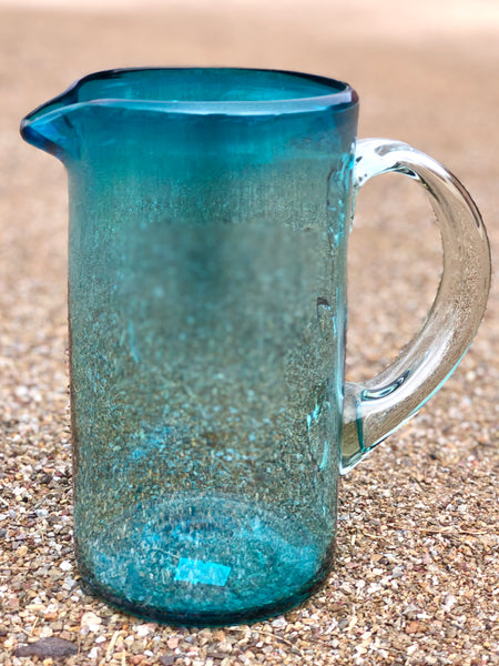 Hand Blown Glass Pitcher 33 Oz Tall Clear Mexico - Dotted Blue