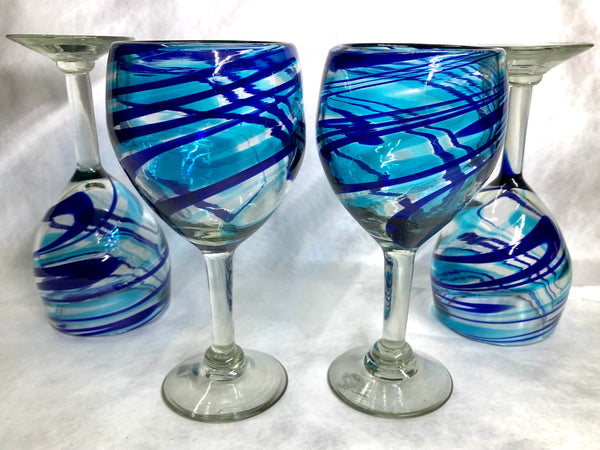 3 Hand Blown Aqua Blue Textured Wine Glasses Mexican White Swirl