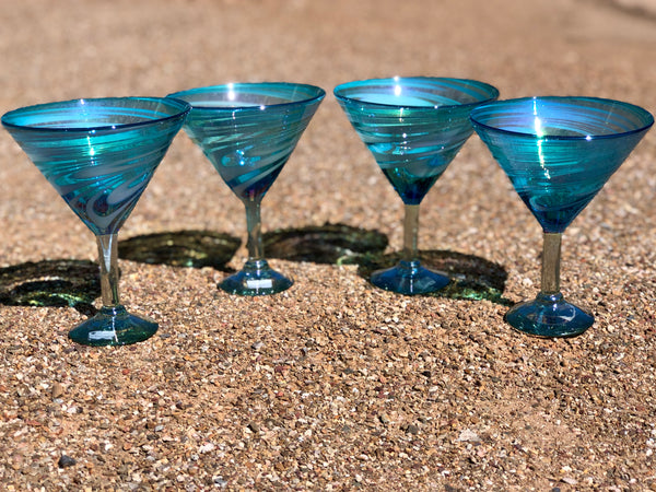 Vintage Mexican Hand Blown Multi Colored Confetti Martini/Margarita Glasses  (Set of 2)