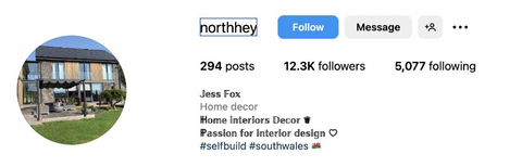 A screenshot of a micro influencer’s Instagram profile from the interior design industry.