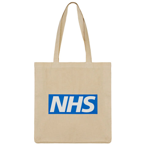 An NHS-themed branded tote bag with the logo on it.
