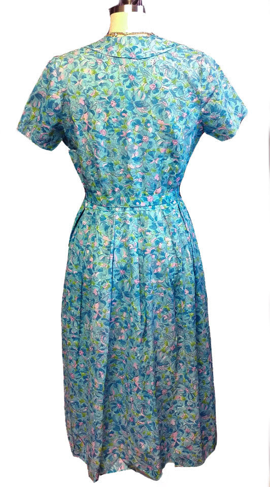 VINTAGE AQUA & PINK FLORAL PETER PAN COLLAR SPRING/SUMMER DRESS WITH M ...