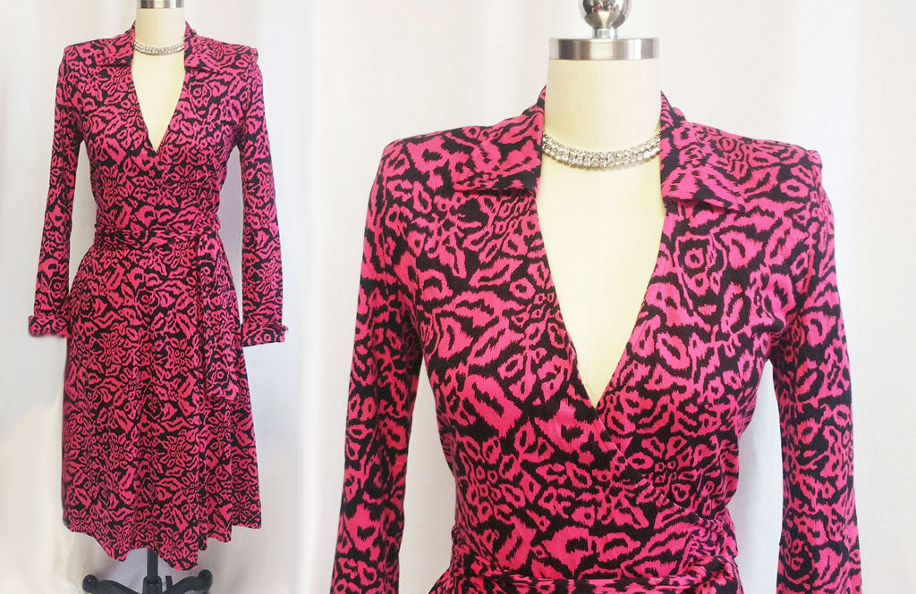 *VINTAGE 1980s DIANE VON FURSTENBERG HOT PINK & BLACK WRAP DRESS ...