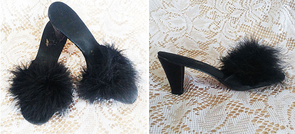 black fluffy heeled slippers