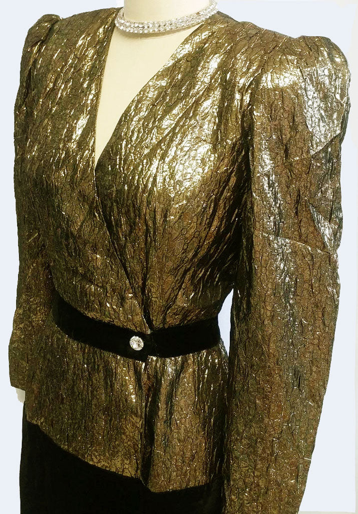 *VINTAGE '80s DESIGNER HALSTON III BLACK AND SPARKLING METALLIC GOLD L ...