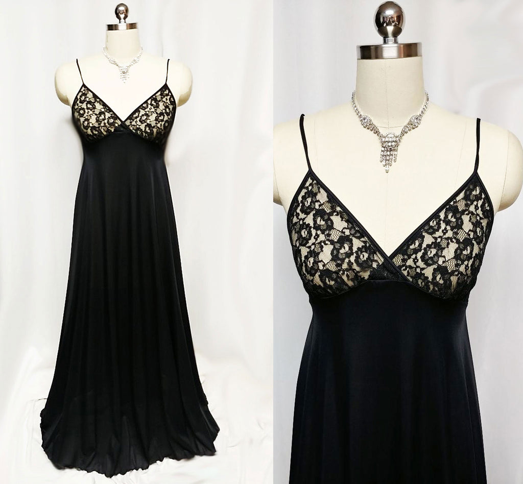 Vintage Olga Grand Sweep Black Lace Nightgown In Raven