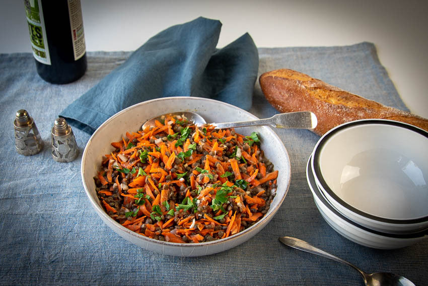 Shredded carrots with Rancho Gordo lentils and herbs