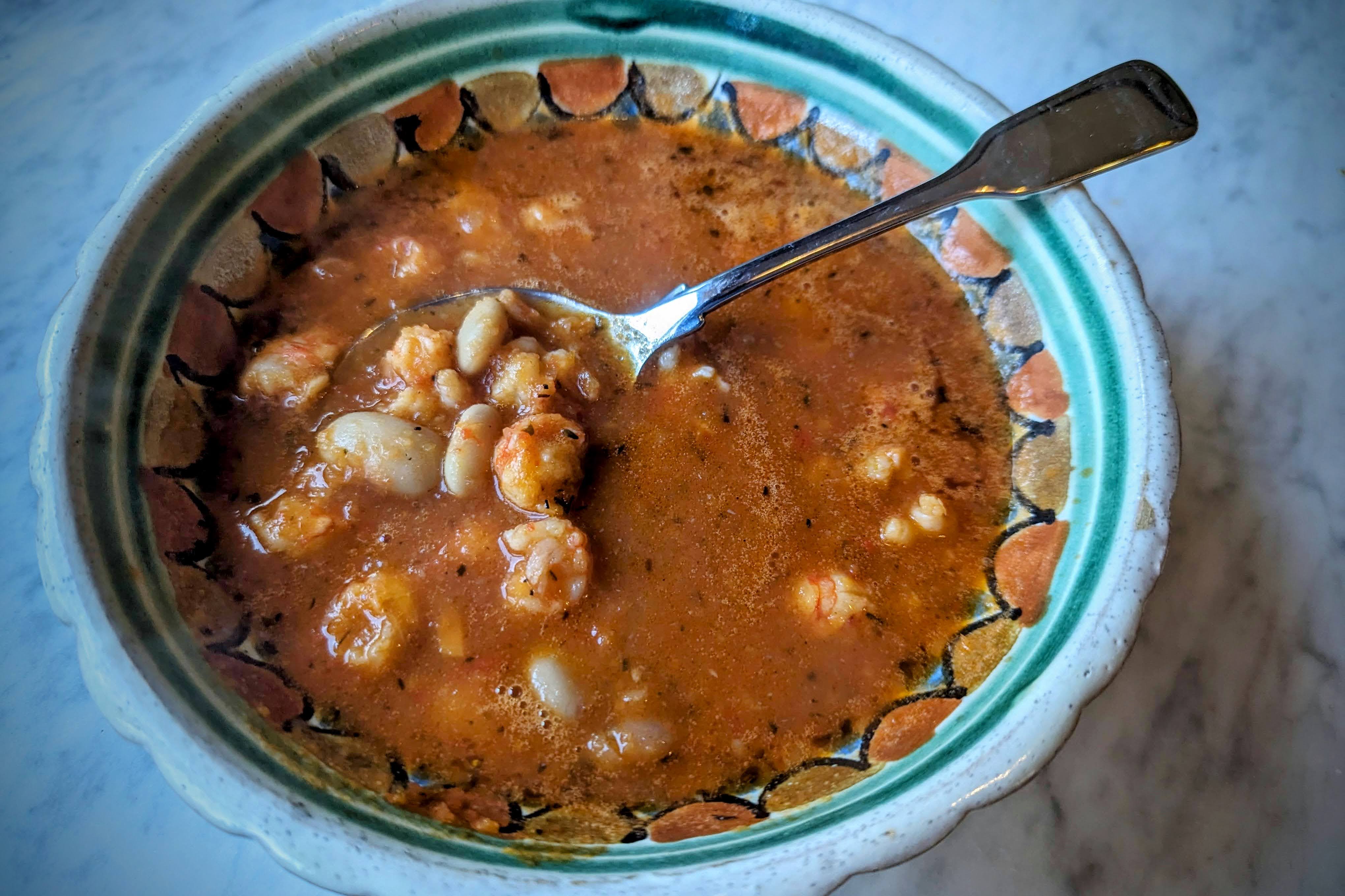 White Bean and Tomato Soup with Langostino Tails