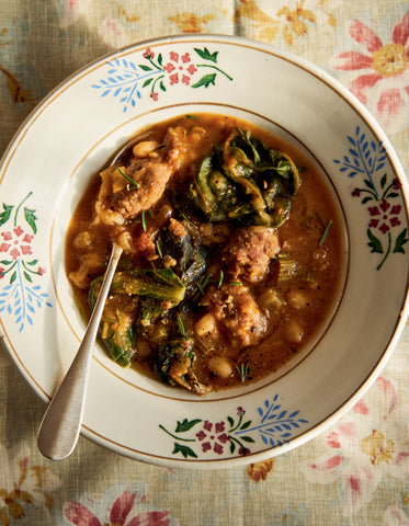 HEARTY SAUSAGE STEW WITH BEANS, SWISS CHARD