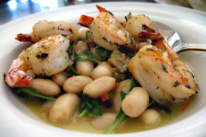 Rancho Gordo Alubia Blanca heirloom Beans in this Grilled Shrimp with White Beans, Sausage and Arugula Recipe