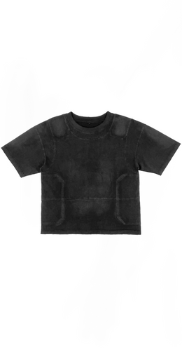 Black faded t-shirt, intricately stitched to resemble an armored vest.