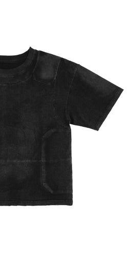 Black faded t-shirt, intricately stitched to resemble an armored vest.