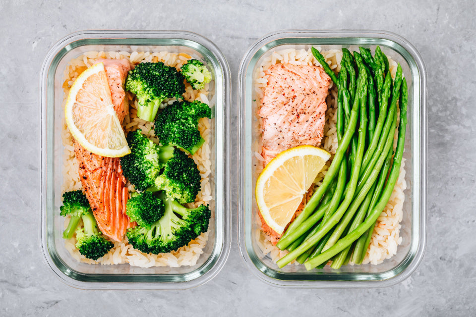 Meal prep food stored in glass containers