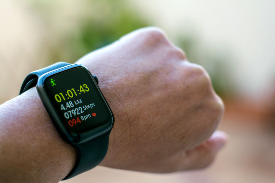 Close up of Apple Watch on a man's wrist showing number of steps counted for the day