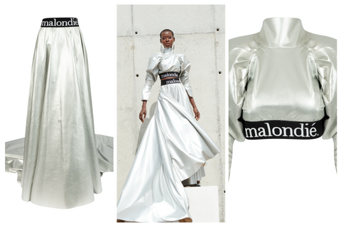 MALONDIE METALLIC SILVER LONG SLEEVED CROP TOP AND MAXI SKIRT