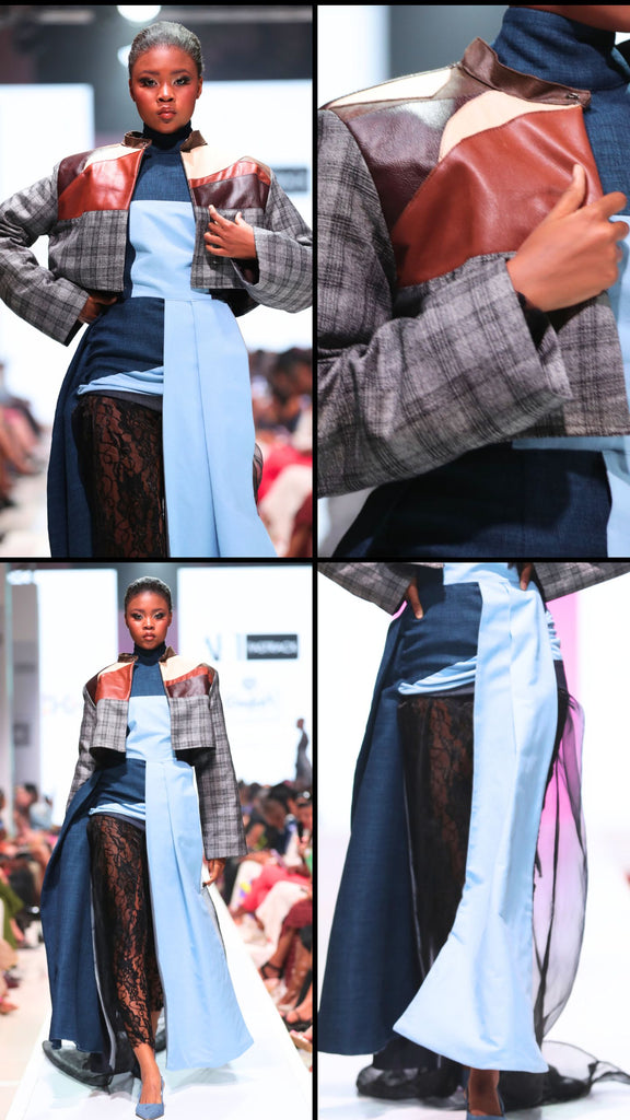 Utopia – Utopia forms the perfect centerpiece for this capsule collection, capturing the thesis of Umnqolobi best. A draped, pale-blue and denim dress with a stand collar, and an asymmetrical skirt wrapped around the hips, draped over a black lace underskirt and lace stockings. A cropped jacket sets a patchwork of brown leathers against a grey-plaid base.
