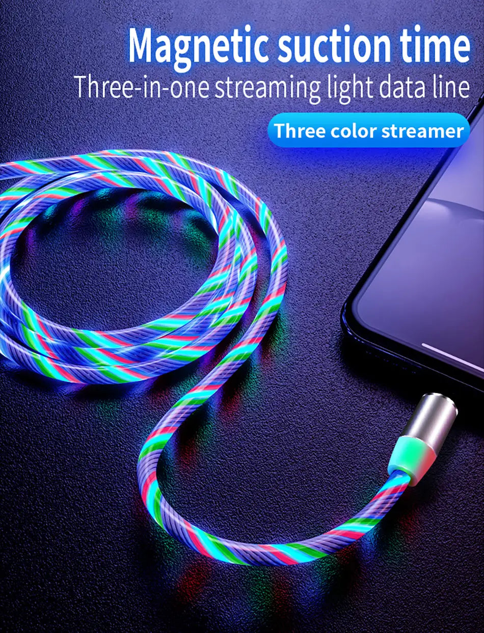 Compatible with Apple Flowing Ligh Magnetic Streamer Data Line Cable for Iphone Android Typec