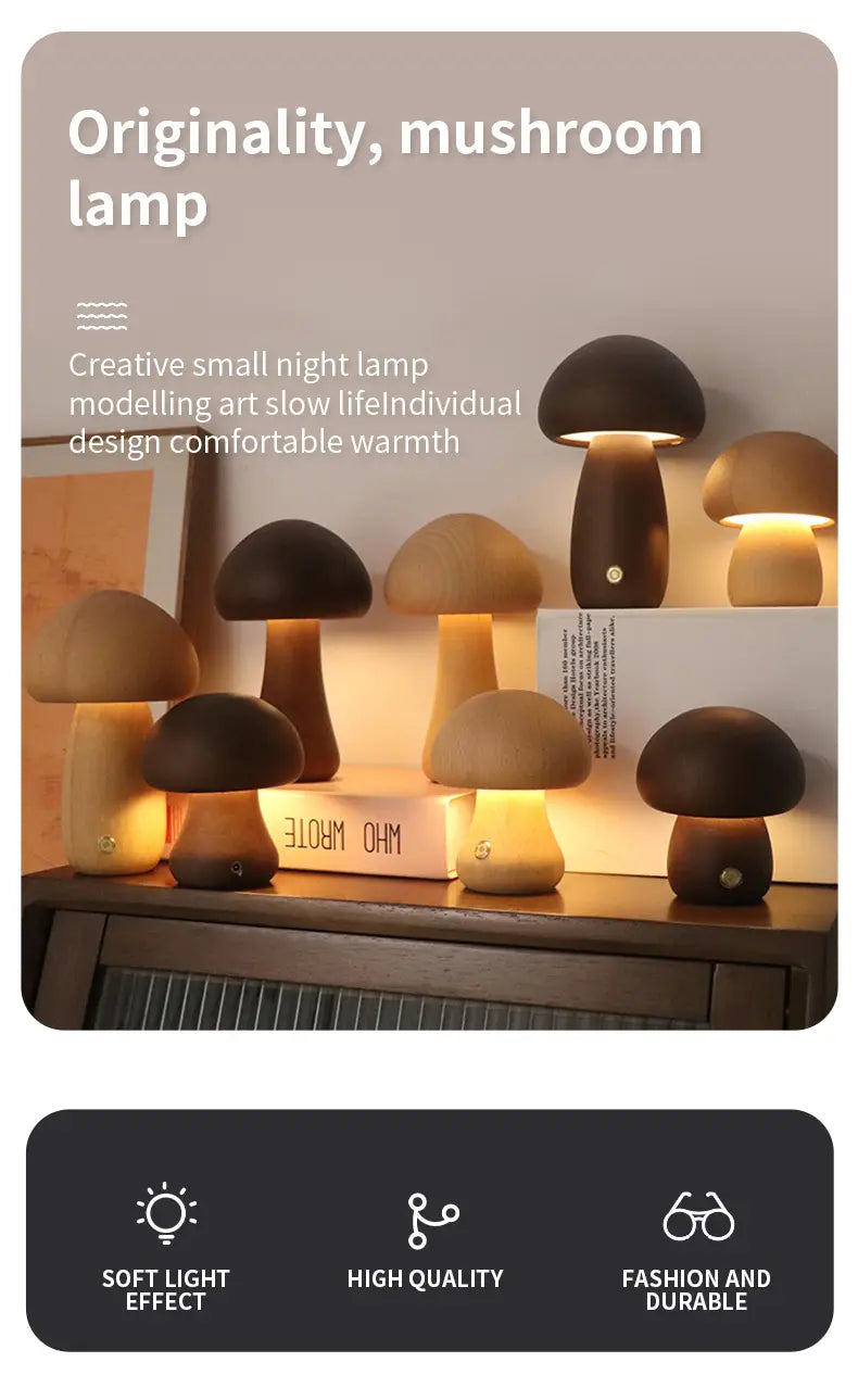 INS Wooden Cute Mushroom LED Night Light With Touch Switch Bedside Table Lamp For Bedroom Childrens Room Sleeping Night