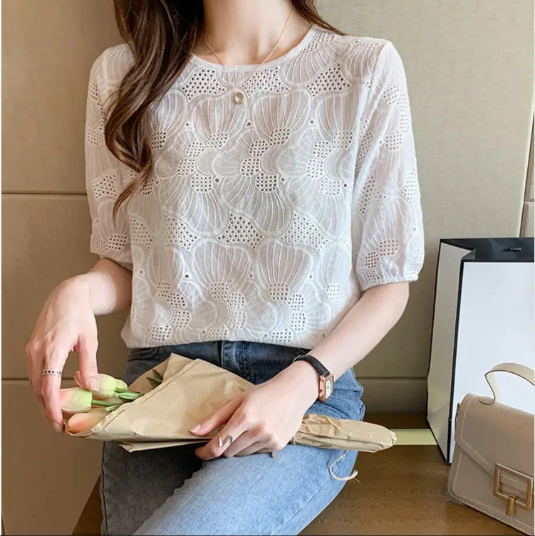 Embroidered Hollow Women’s Chiffon Shirt