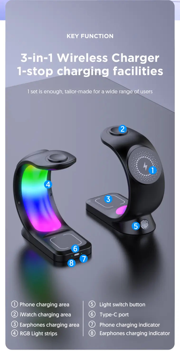 4 In 1 Magnetic Wireless Charger Fast Charging For Smart Phone Atmosphere Light Charging Station For Airpods Pro