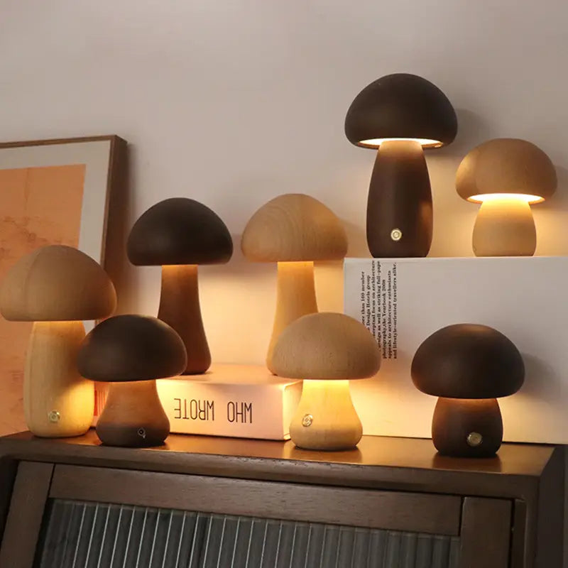 INS Wooden Cute Mushroom LED Night Light With Touch Switch Bedside Table Lamp For Bedroom Childrens Room Sleeping Night