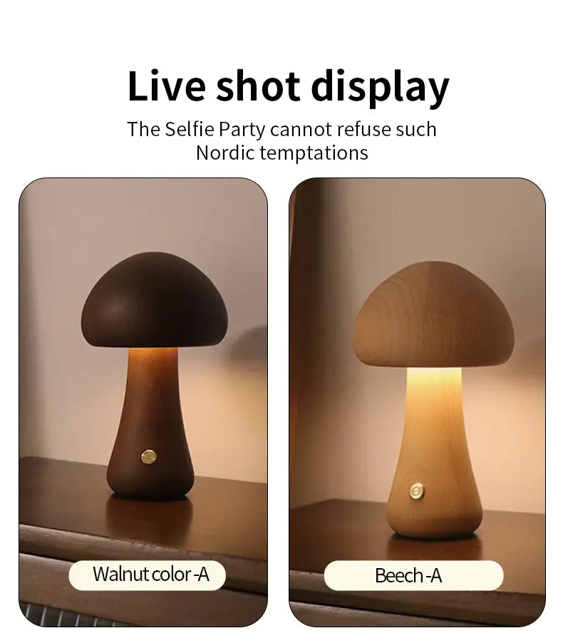 INS Wooden Cute Mushroom LED Night Light With Touch Switch Bedside Table Lamp For Bedroom Childrens Room Sleeping Night