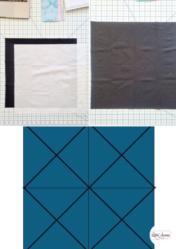 An image of 2 black and white fabric square pieces and a blue diagram showing were to draw the lines