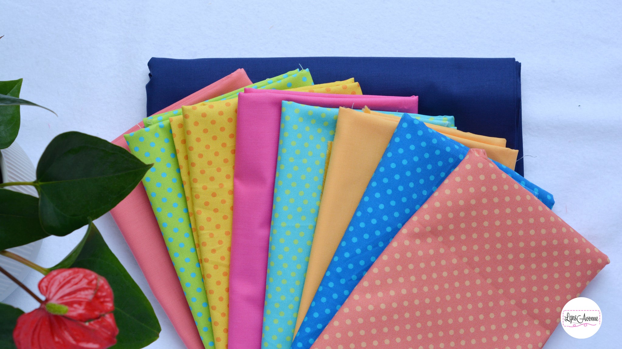 Michael Miller Fabrics - Alpha Dots and Cotton Couture Solids in bright pink, peach, blue and yellow colours