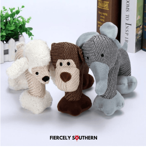 Image of three plush sound-making dog chew toys.