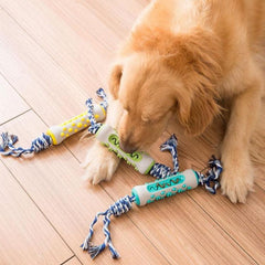 A brown dog happily engaging with a Dog Rope toy while on tile flooring.