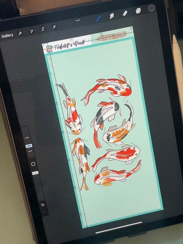 Image of an iPad with Procreate open. Art of koi fish is pasted onto a sticker sheet canvas.