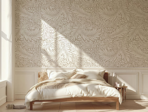 Beatrix Beige Wallpaper In Farmhouse Bedroom With Wooden Bed And White Half Wood Panelling