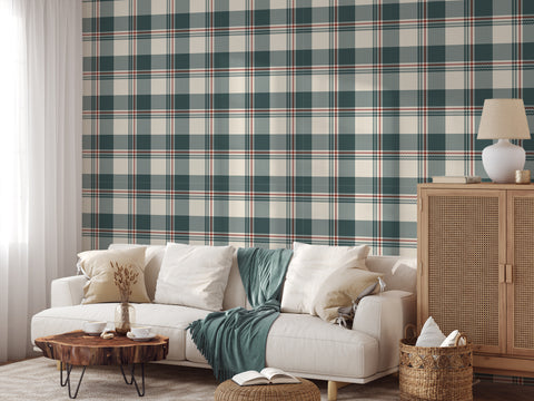 Brielle - Neutral Blue Buffalo Check Gingham Plaid Fabric Effect Wallpaper