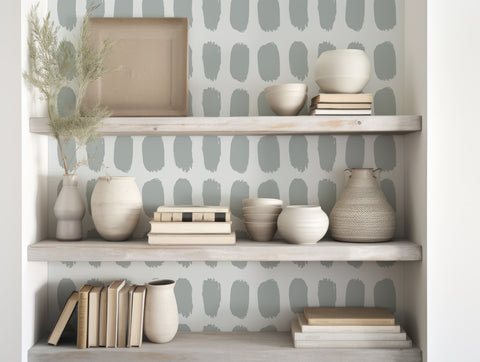 Farah Blue & Grey Dot Wallpaper In Farmhouse Living Room With Close Up Of Bookshelf