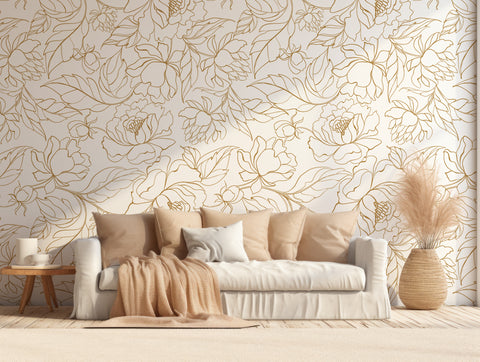 Florian Wallpaper In Living Room With Neutral Cream And Beige Sofa With Feathers Next to Sofa
