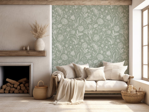 In Farmhouse Living Room With Green Floral Wallpaper