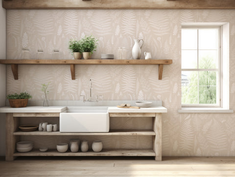 Isidore Beige Botanical Wallpaper In Farmhouse Kitchen With Apron Sink With White Grantite Work Top With Plants, Plates And Mason Jars