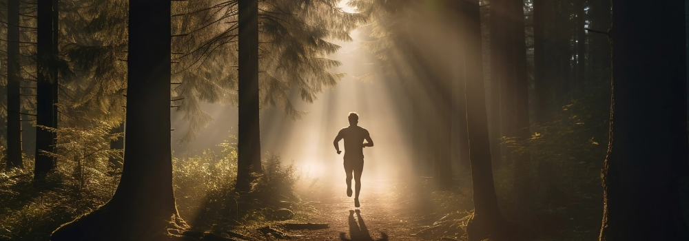 Man running in forest at dawn