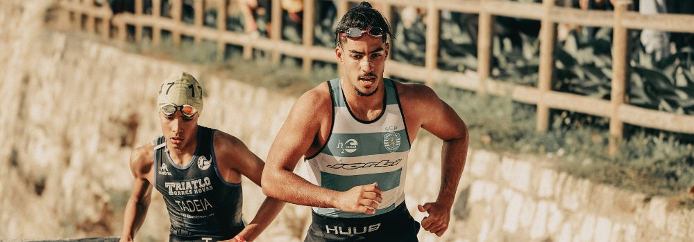 Men competing in triathlon