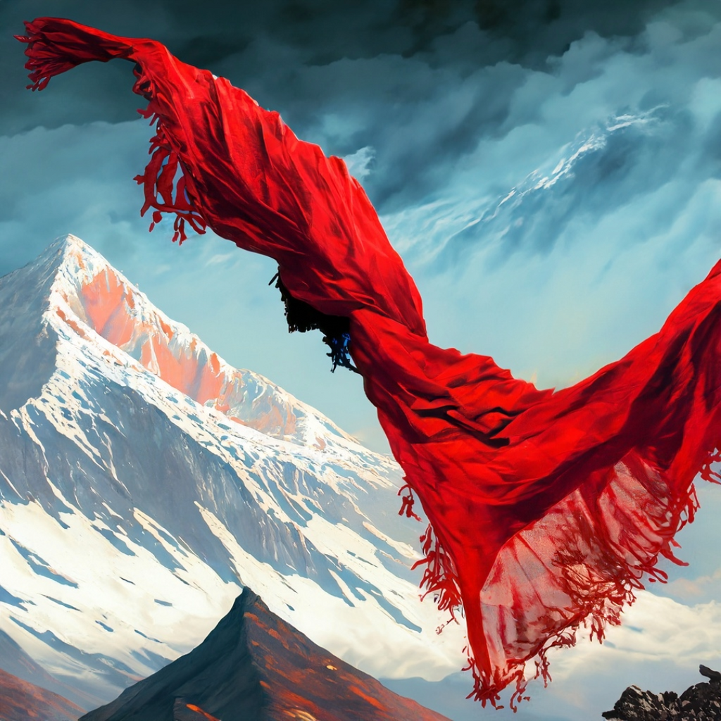 Red pashmina shawl flying in the Himalayas