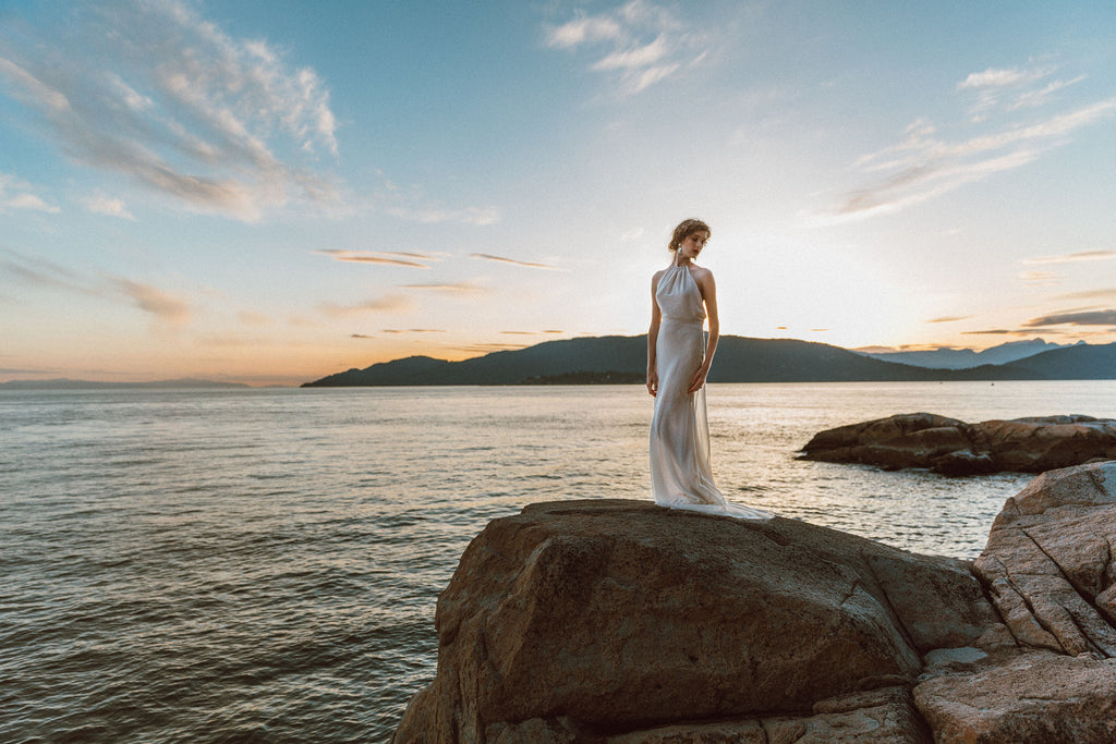Backless Halter Wedding Dress by Vancouver Bridal Designer Elika In Love