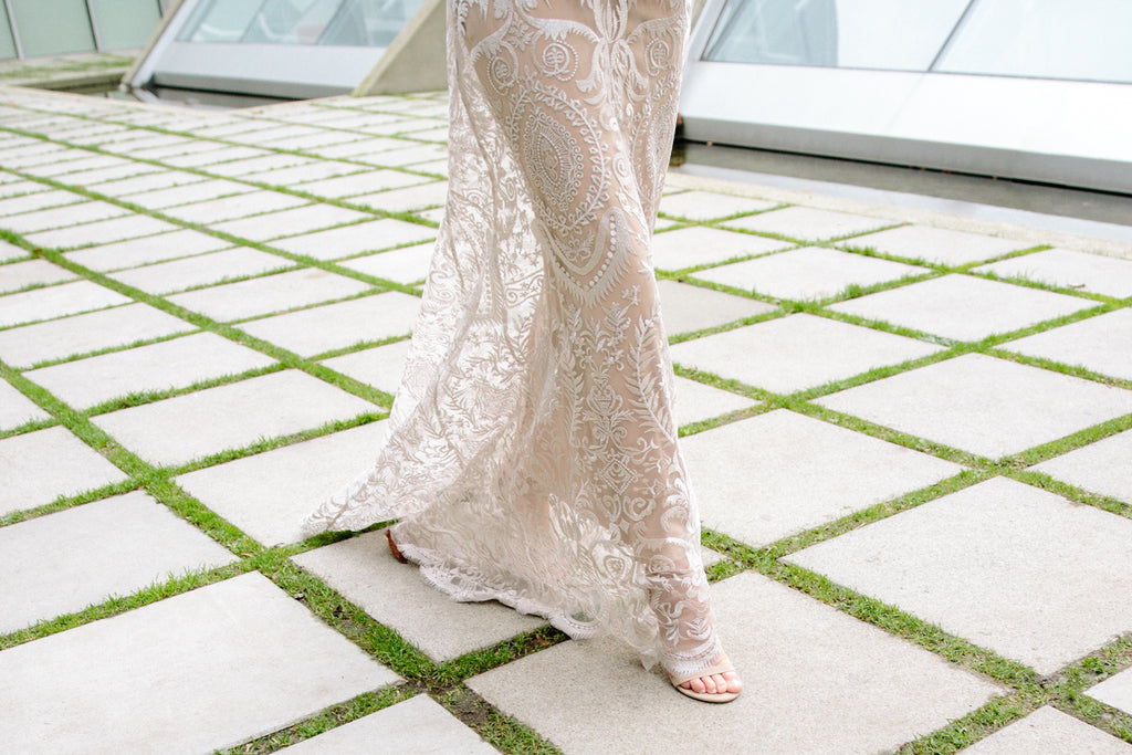 Elle Wedding Dress | Lace Embroidered Sheath Gown with Butterfly Sleeves