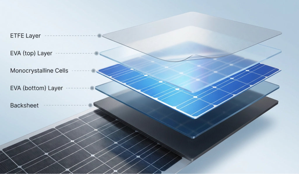 diagram showing ETFE layer, EVA layers, monocrystalline solar cells and backsheet structure