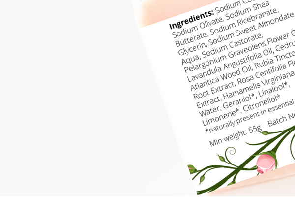 Ingredients list of a natural soap bar