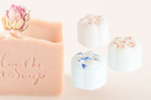 aromatherapy shower steamers and a bar of pink natural soap