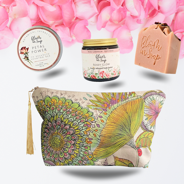 Bloom In Soap travel kit with travel bag, natural soap, shampoo bar and body butter