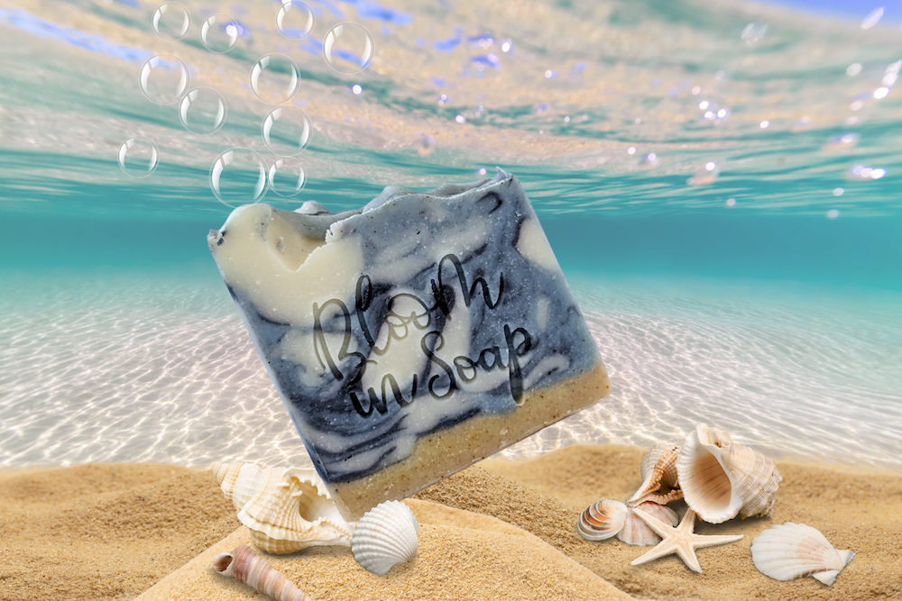 a bar of ocean soap under the ocean with bubbles and shells