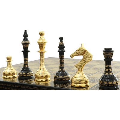 Solid Brass Metal Tribal Artwork Warli Luxury Chess Pieces & Board Set- 12  - Black & Gold…